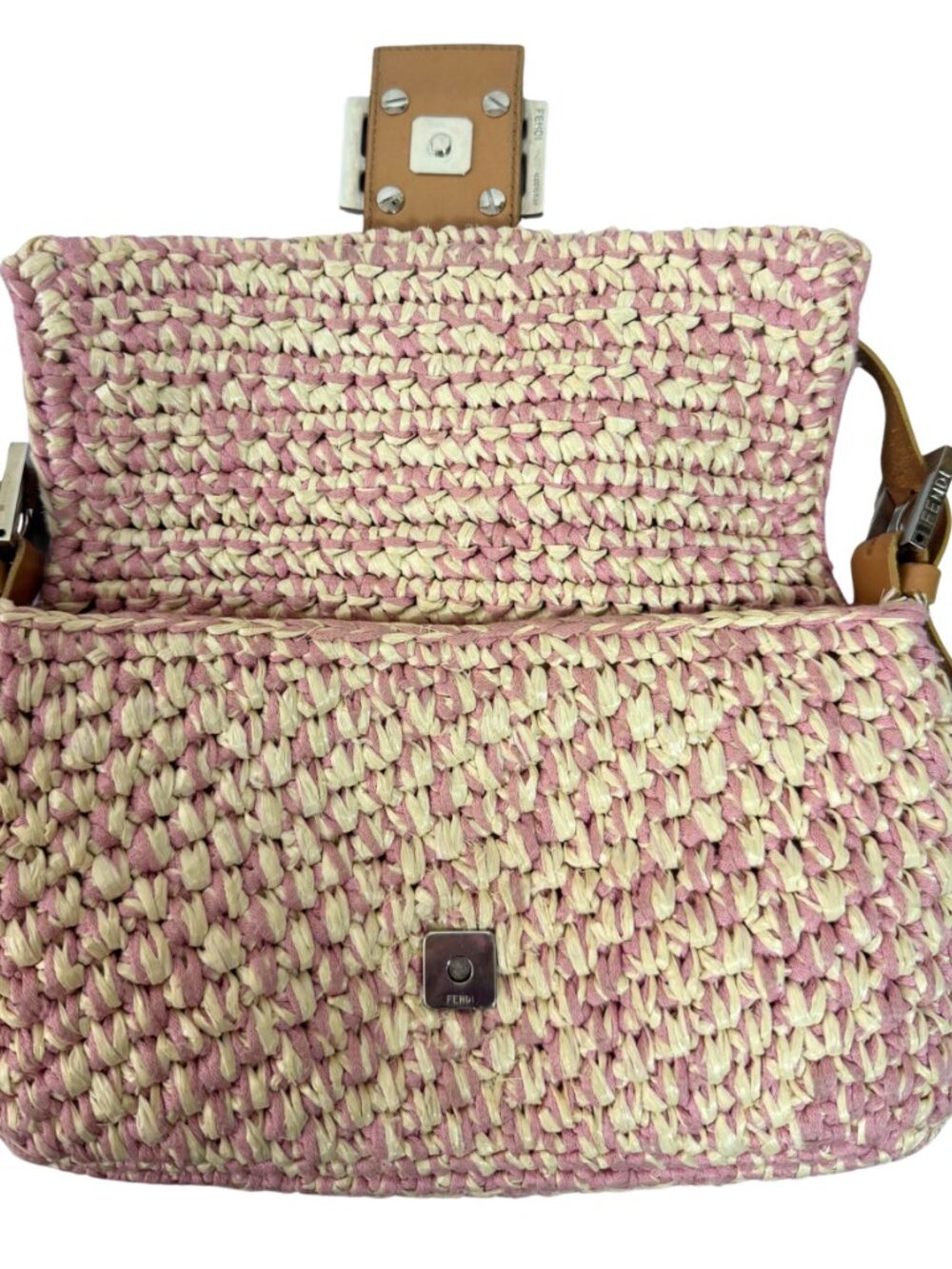Fendi Pink Crochet Raffia Baguette Silver Hardware Leather Trim Authentic - Picture 7 of 10